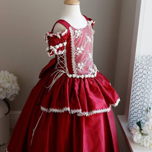 New Flower Girl Dress Party Royal Princess Deep Crimson Red Girls Size 4 - Picture 4 of 13